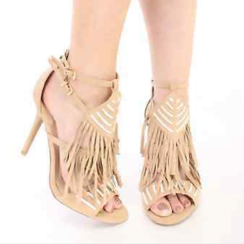 Open Toe Nude Strappy Boho Fringe Stiletto Heels